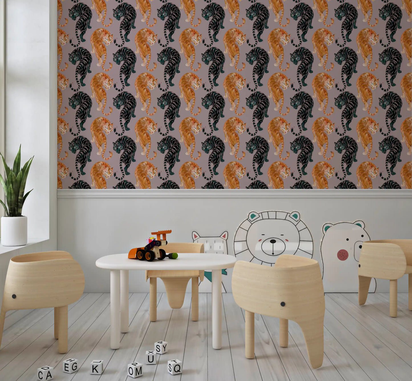 Striped felines stride across this Imperial Tiger wallpaper in shadow teal and gold.