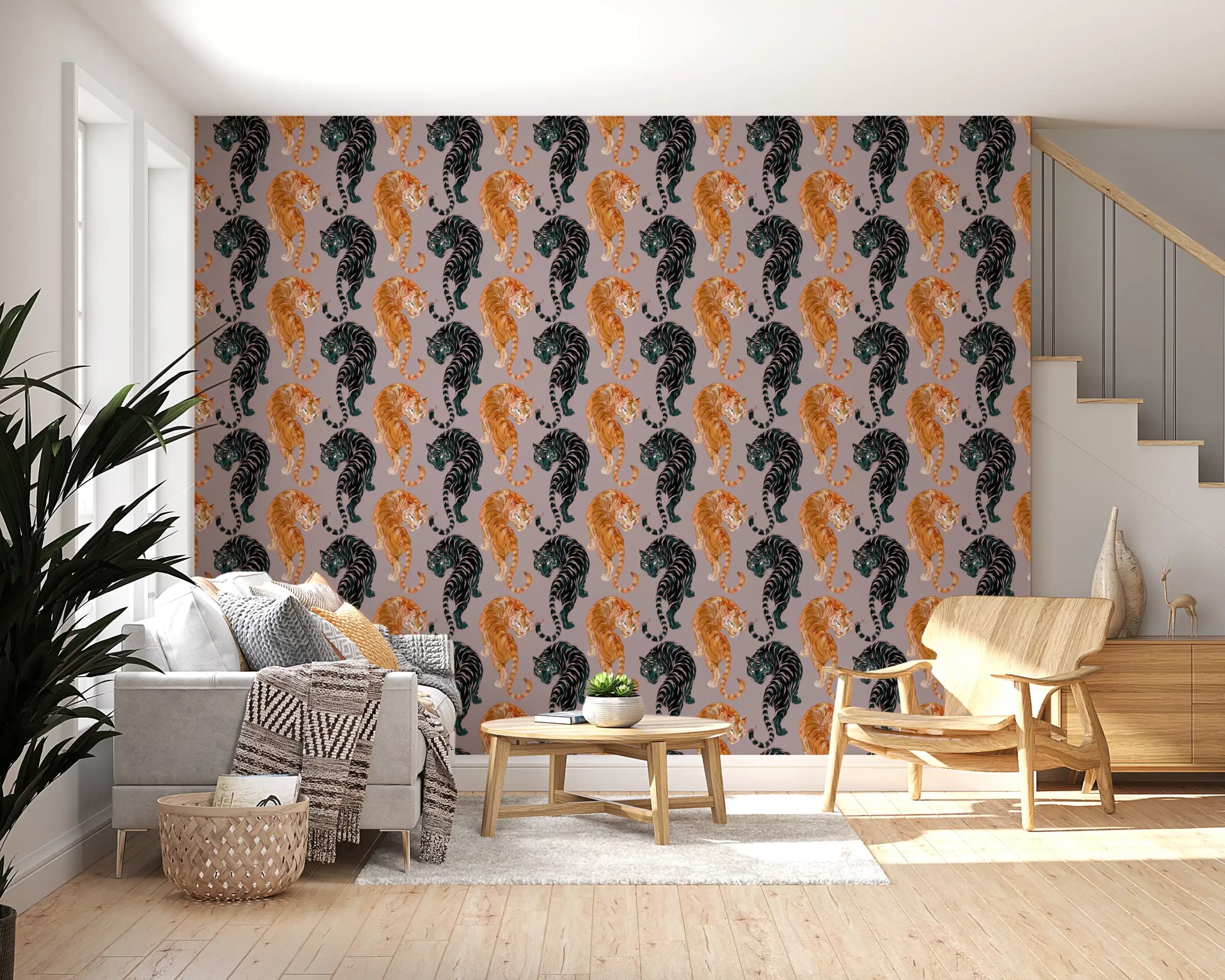 Painterly Tiger strokes catch the eye across a lounge on this gold and shadow wallpaper.
