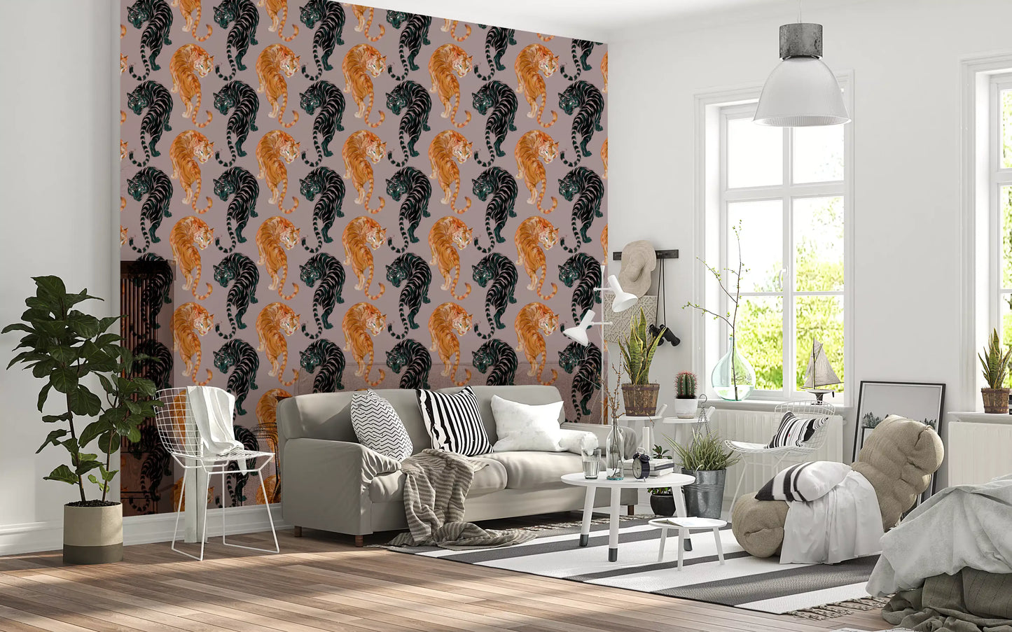 Painted tiger figures repeat in pairs over a mauve ground on this wallpaper.