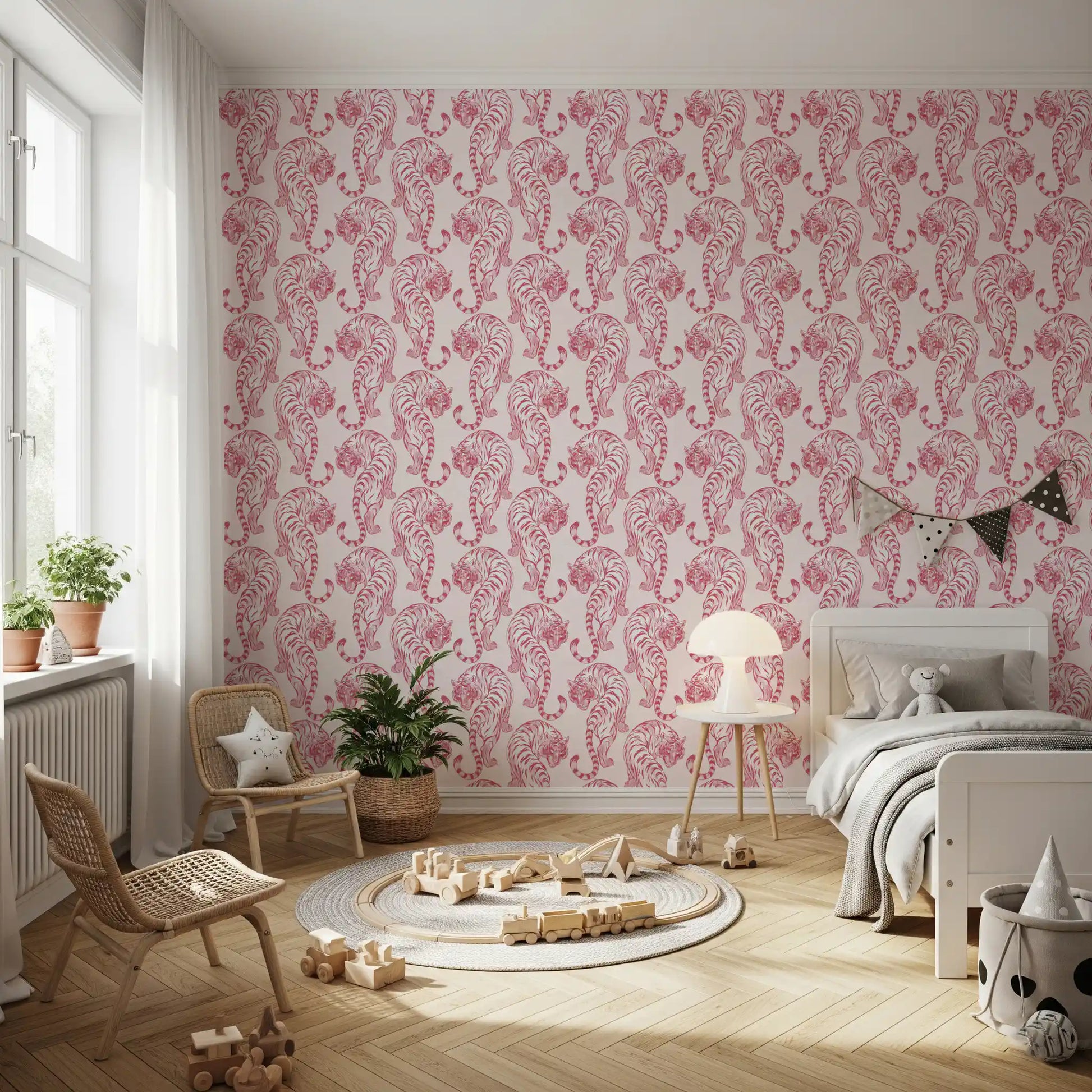 Crimson stays bold while pale pink balances the chinoiserie repeat on this wallpaper.