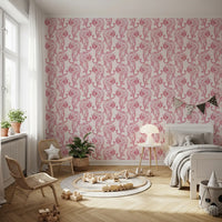 Crimson stays bold while pale pink balances the chinoiserie repeat on this wallpaper.