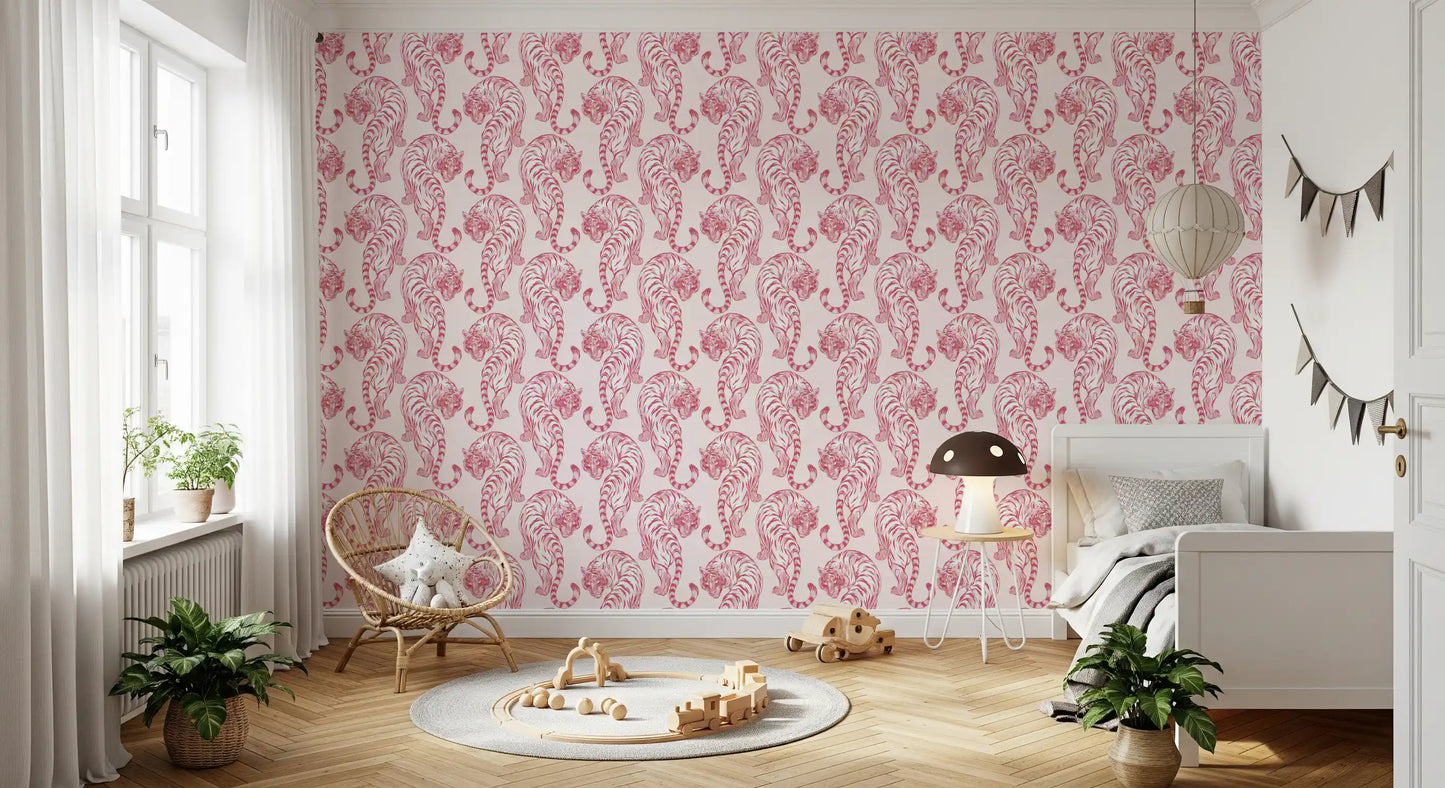 Crimson tigers face forward inside this chinoiserie wallpaper across a Kids bedroom.