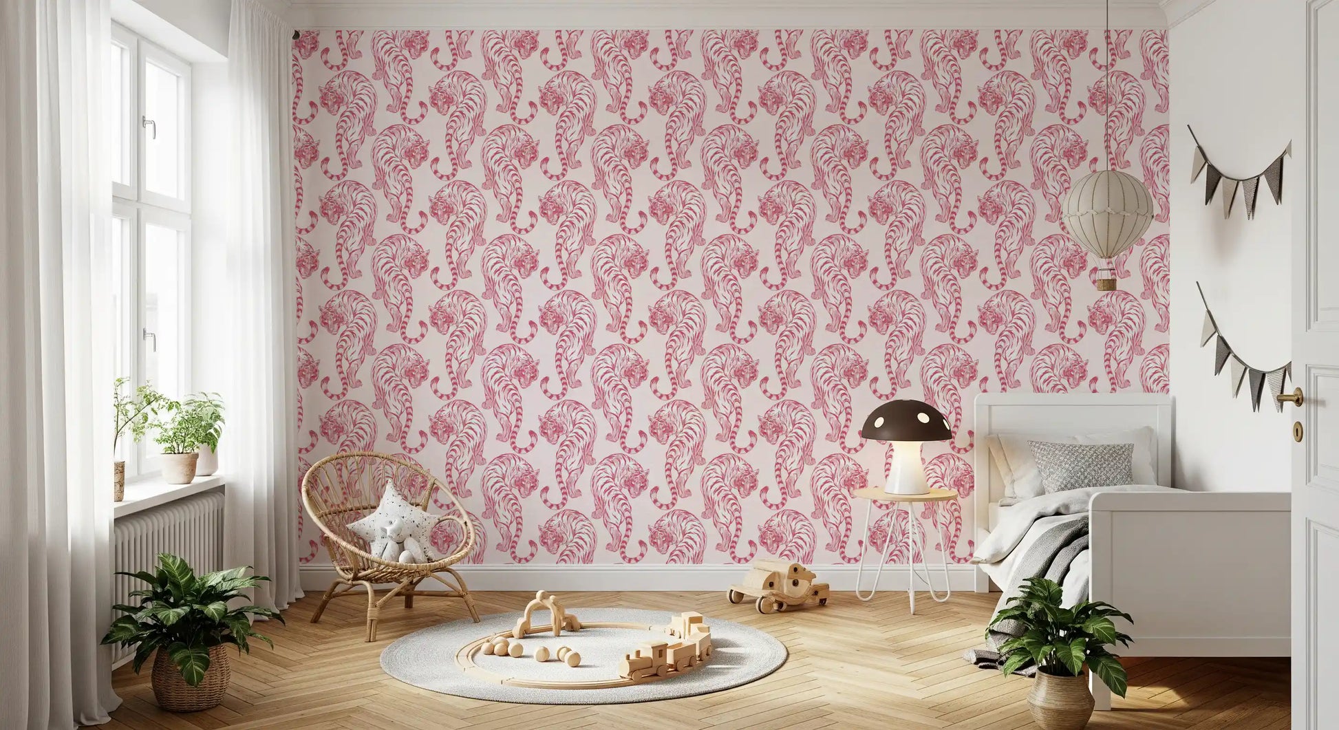 Crimson tigers face forward inside this chinoiserie wallpaper across a Kids bedroom.