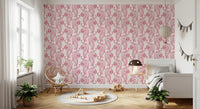 Crimson tigers face forward inside this chinoiserie wallpaper across a Kids bedroom.