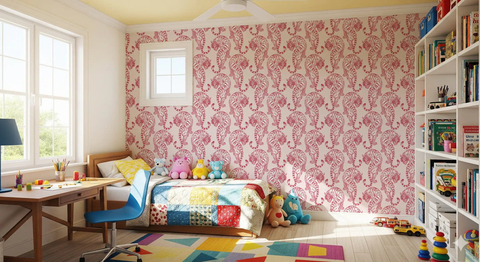 Pale blush pink wraps a Kids room in crimson tigers with this chinoiserie wallpaper.