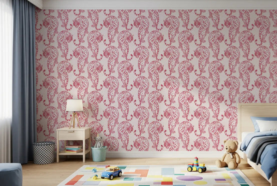 kids bedroom shows crimson chinoiserie tigers on a pale pink ground in this wallpaper.