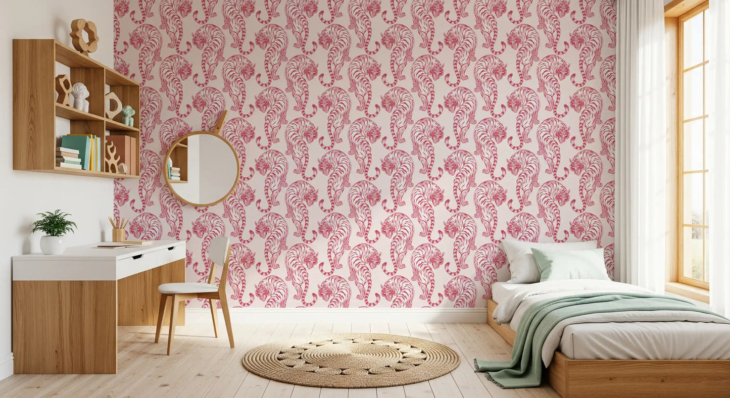 Each tiger walks forward in the same direction across this chinoiserie wallpaper.
