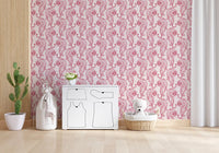 This chinoiserie wallpaper places crimson tigers across a living room in blush pink.