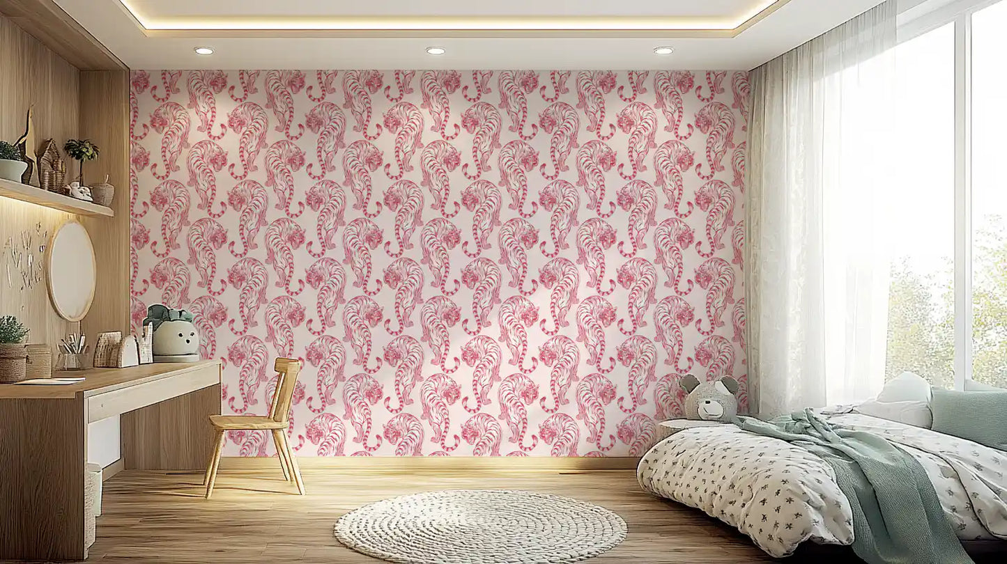 Loose edges shape the chinoiserie tigers on this freehand pattern wallpaper.