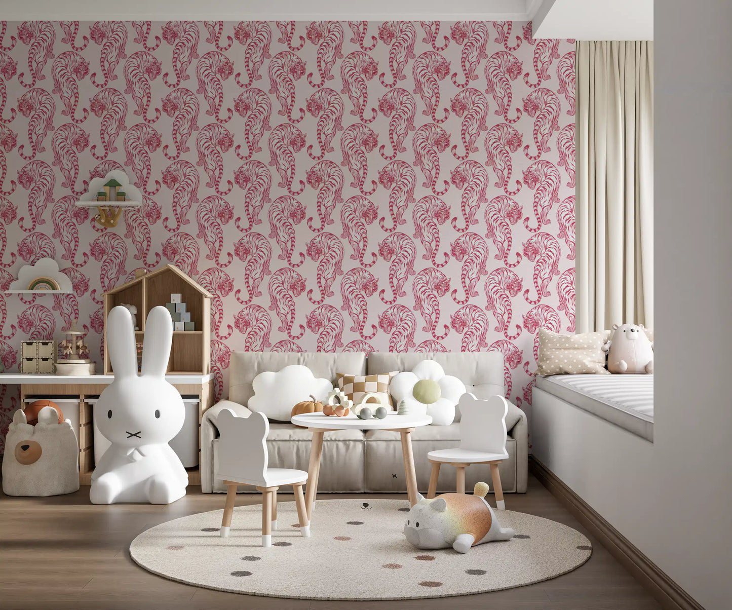 Crimson tigers prowl in a chinoiserie repeat across this blush pink wallpaper.