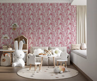 Crimson tigers prowl in a chinoiserie repeat across this blush pink wallpaper.