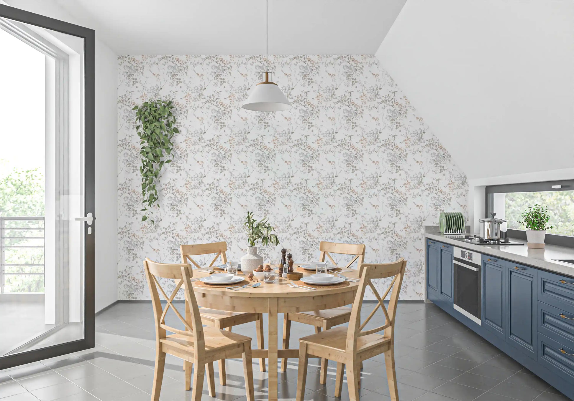 Ivory ground and peach sprigs fill a Kitchen and dining area the Whispering Pastel Wallpaper.