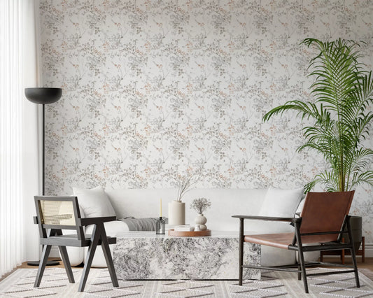 The Whispering Pastel Botanicals Wallpaper opens a living room with painterly sprigs.