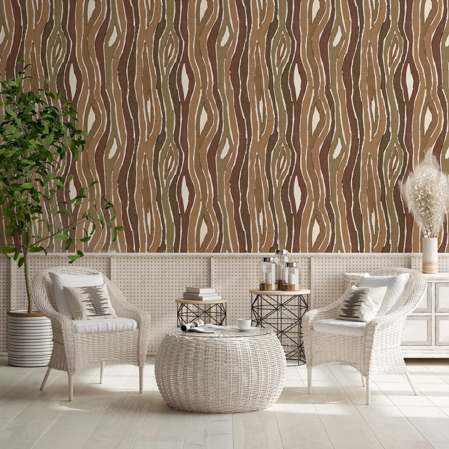 Organic Wavy Woodgrain Vertical Stripes - Earthy Bark Wallpaper⁠