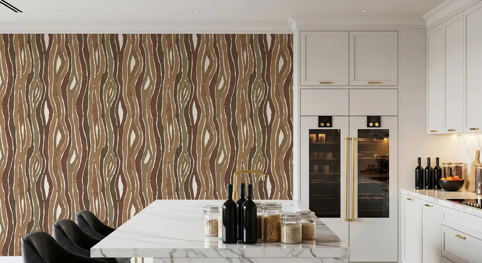 Earthy Bark wallpaper warms a modern kitchen with vertical woodgrain stripes overhead.