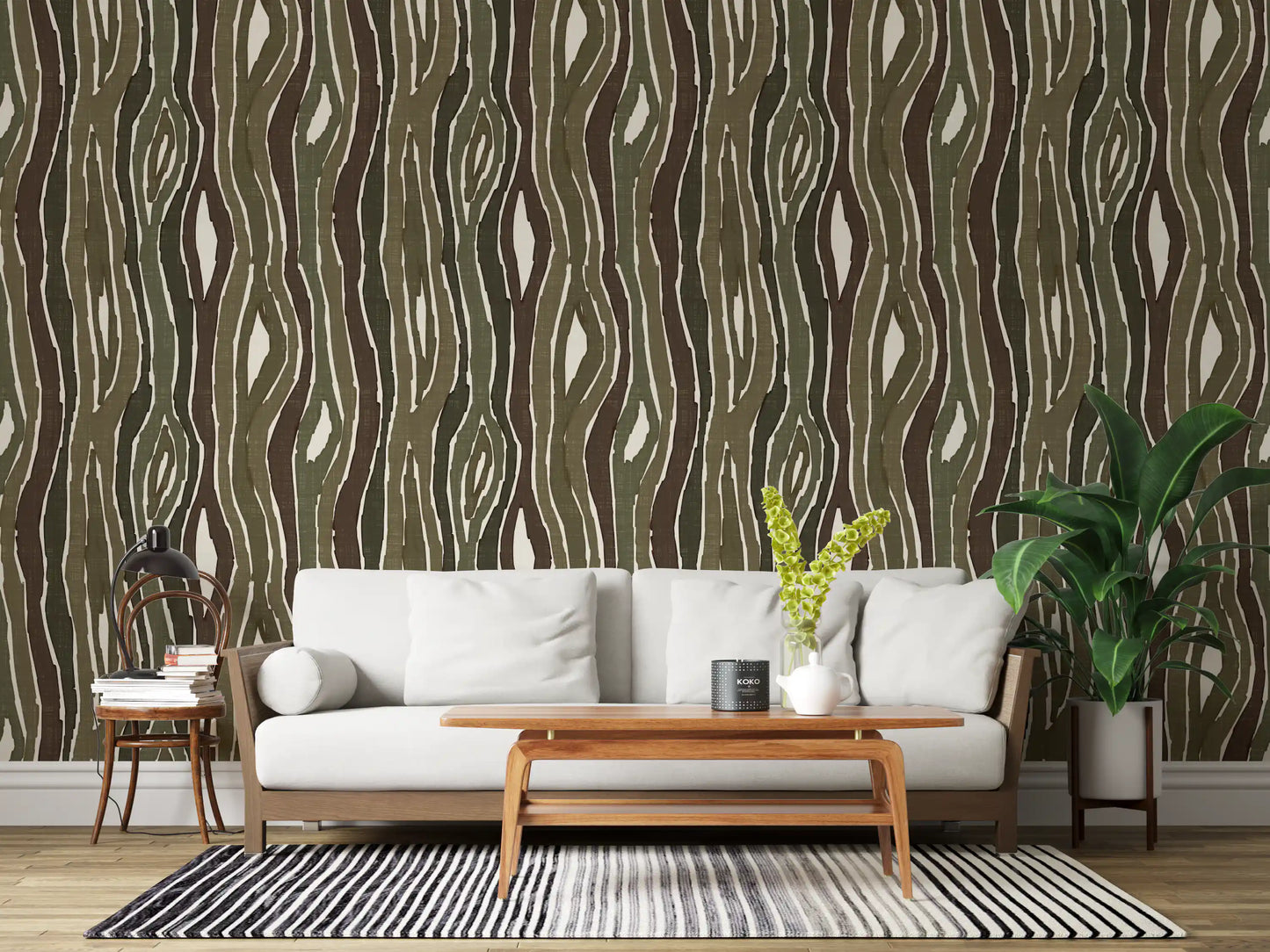 Organic Wavy Woodgrain Vertical Stripes - Earthy Moss Wallpaper⁠
