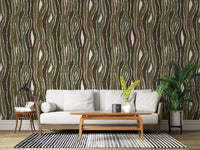 Organic Wavy Woodgrain Vertical Stripes - Earthy Moss Wallpaper⁠