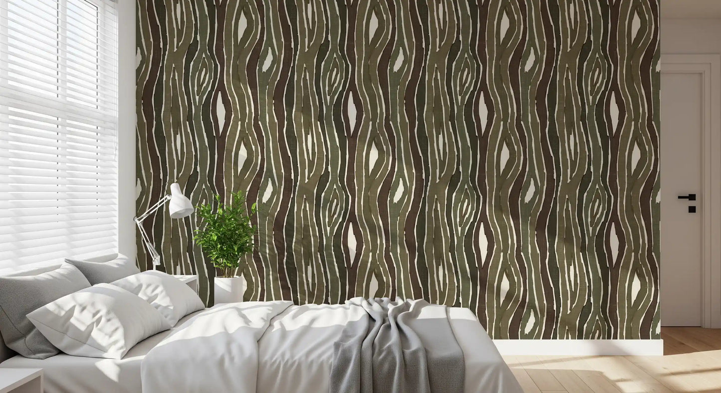 Organic Wavy Woodgrain Vertical Stripes - Earthy Moss Wallpaper⁠