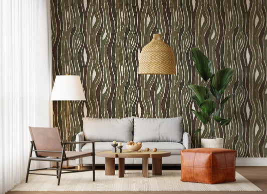 Organic Wavy Woodgrain Vertical Stripes - Earthy Moss Wallpaper⁠