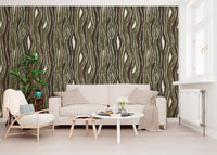 Organic Wavy Woodgrain Vertical Stripes - Earthy Moss Wallpaper⁠