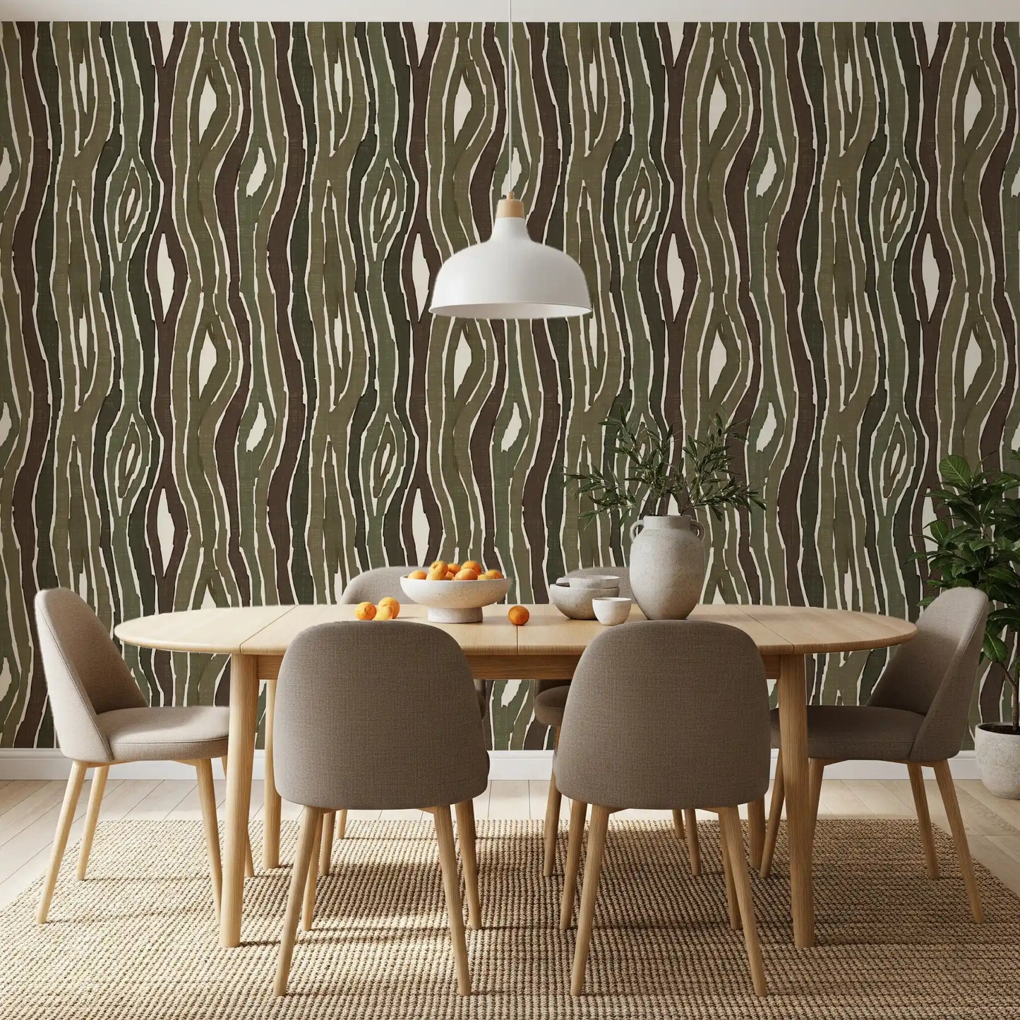 Organic Wavy Woodgrain Vertical Stripes - Earthy Moss Wallpaper⁠