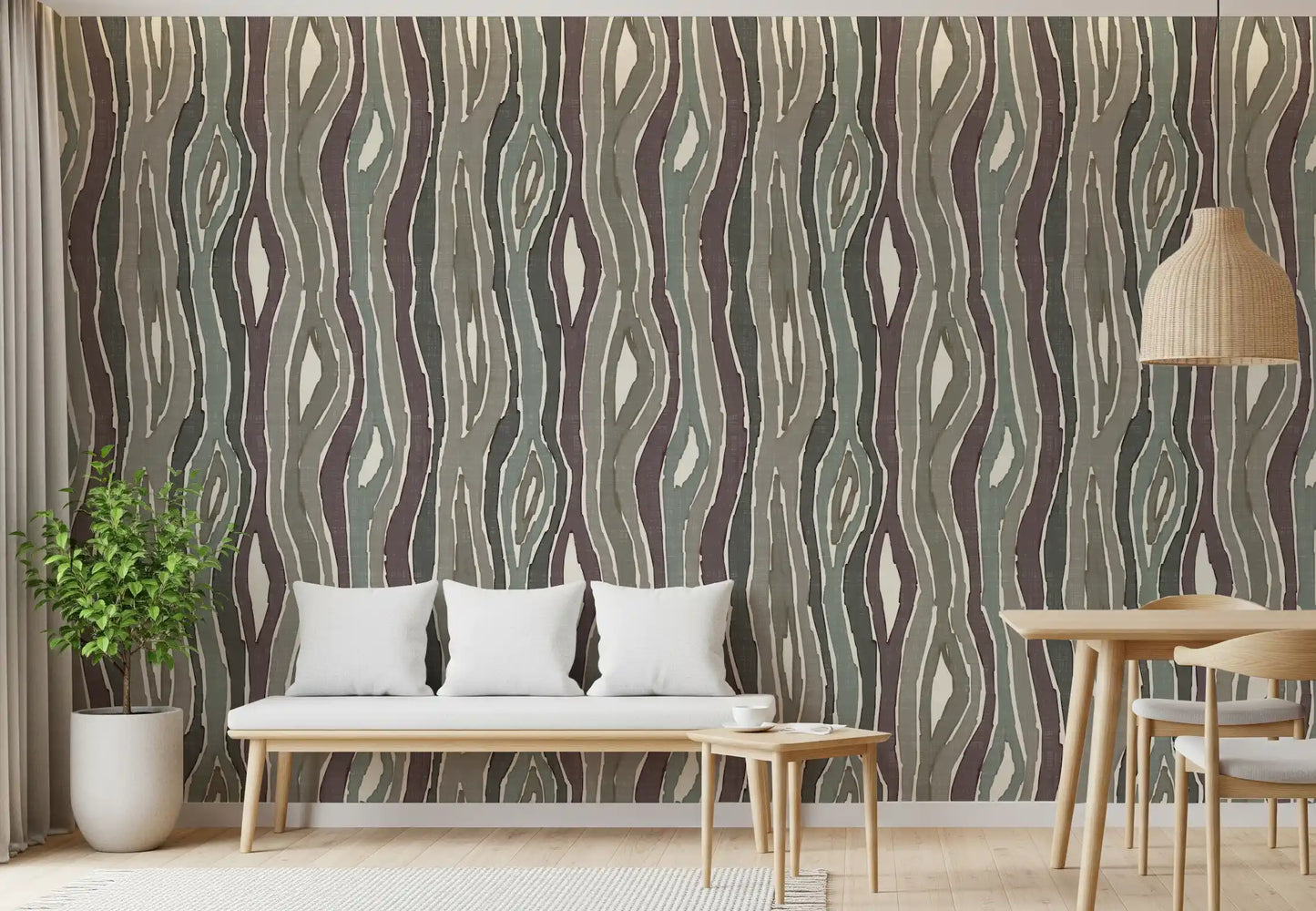 Organic Wavy Woodgrain Vertical Stripes - Earthy Muted Wallpaper⁠