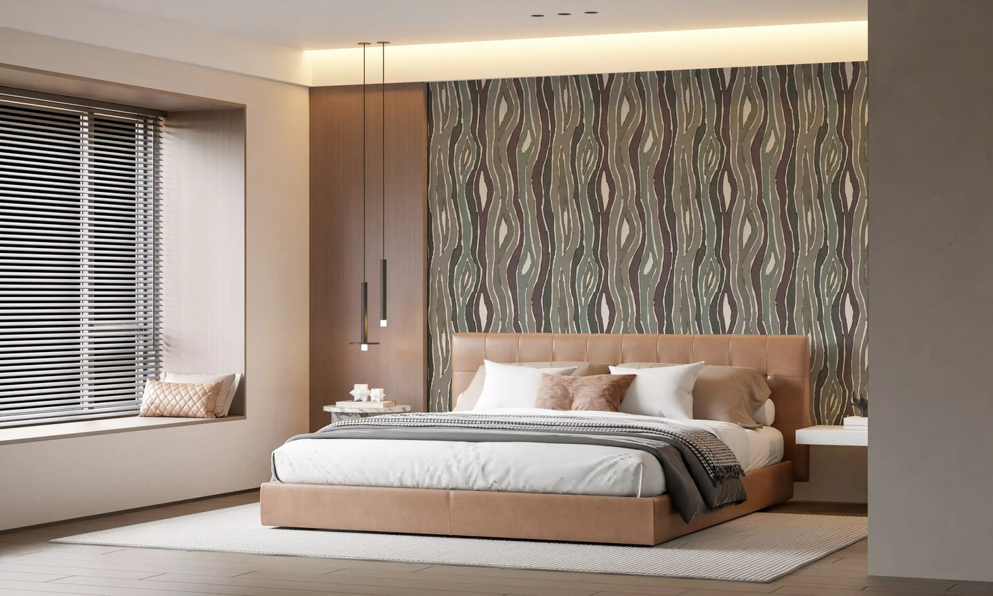 Organic Wavy Woodgrain Vertical Stripes - Earthy Muted Wallpaper⁠