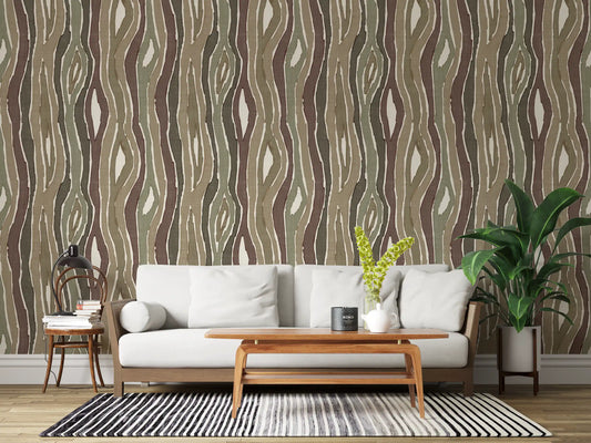 Organic Wavy Woodgrain Vertical Stripes - Earthy Sage Wallpaper⁠