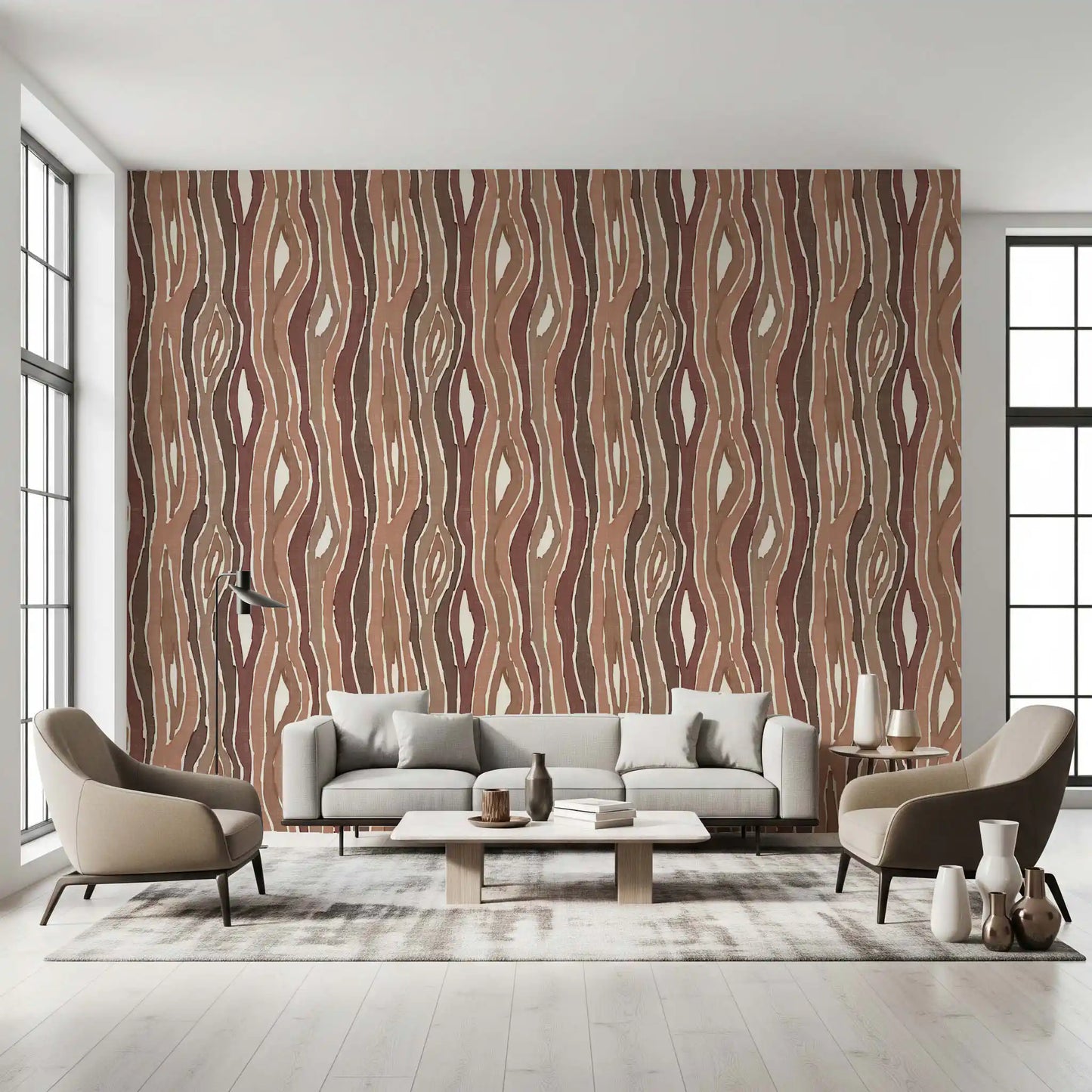 Organic Wavy Woodgrain Vertical Stripes - Earthy Clay Wallpaper⁠