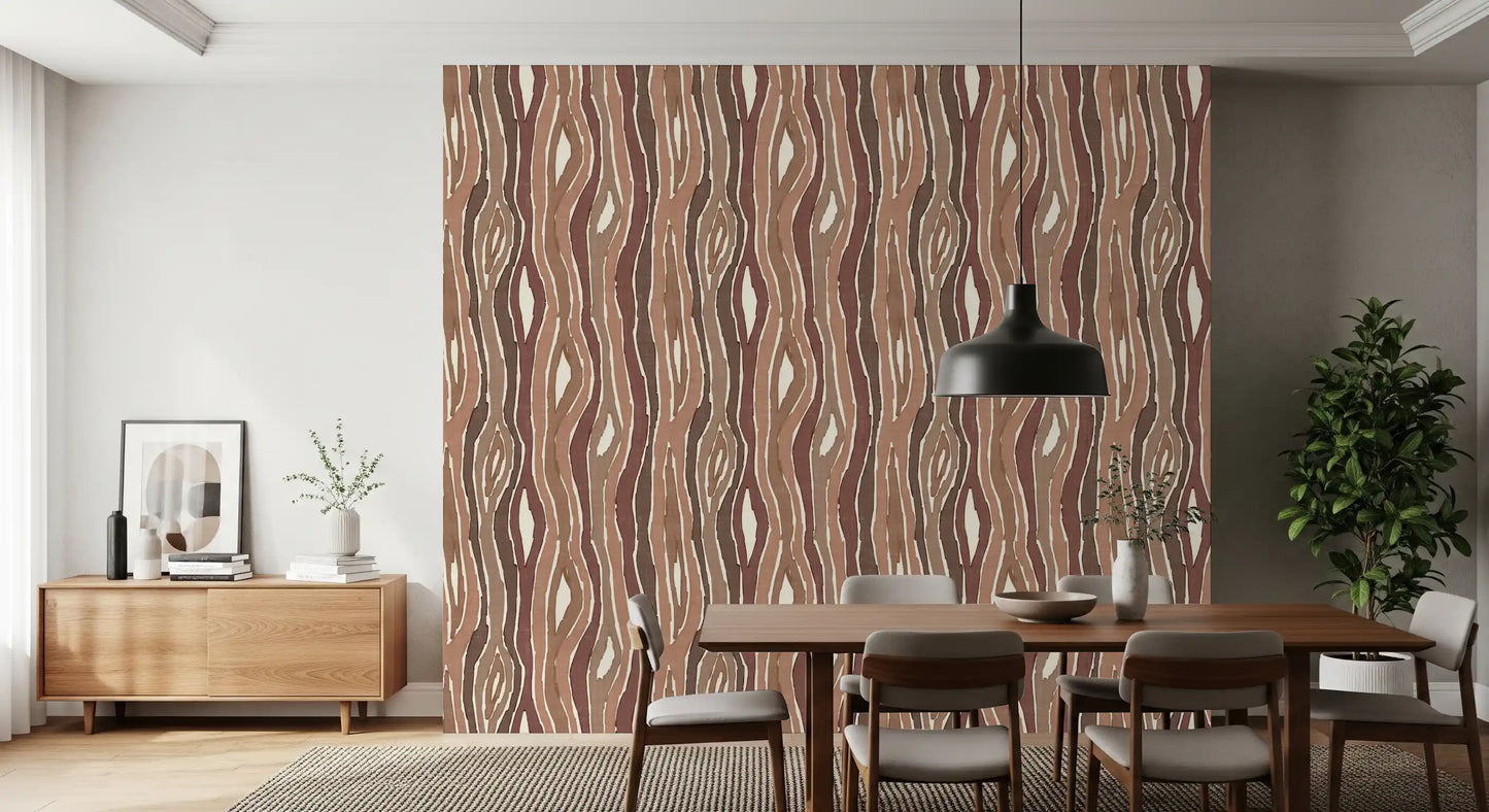 Organic Wavy Woodgrain Vertical Stripes - Earthy Clay Wallpaper⁠