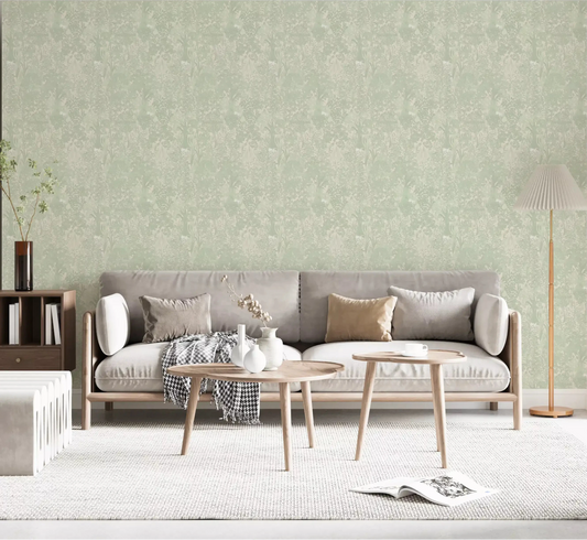 Sage woodland wallpaper calms a living room with tonal green trees GD10718
