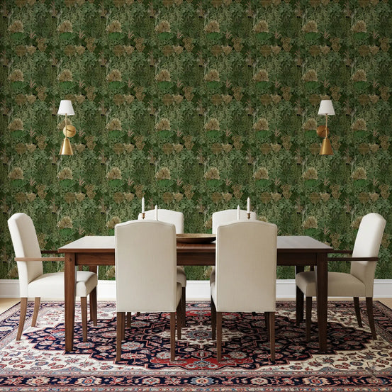 Botanical jungle wallpaper deepening the mood of a green Dining room GD10720