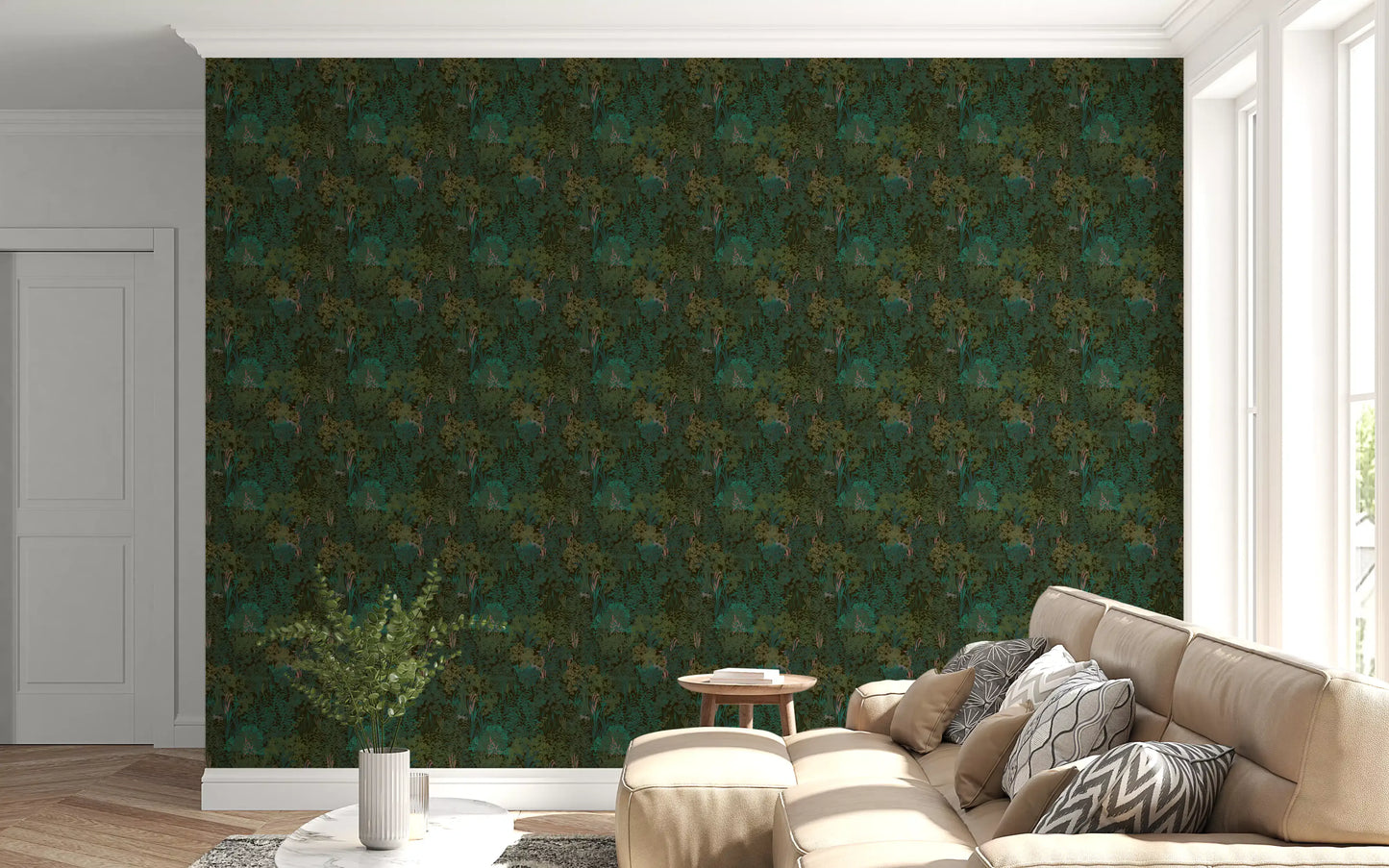 Enchanted Forest Walk: Deep Green Botanical Wallpaper⁠