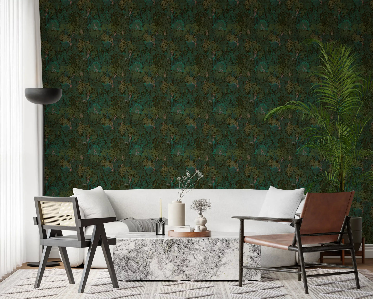 Enchanted Forest Walk: Deep Green Botanical Wallpaper⁠