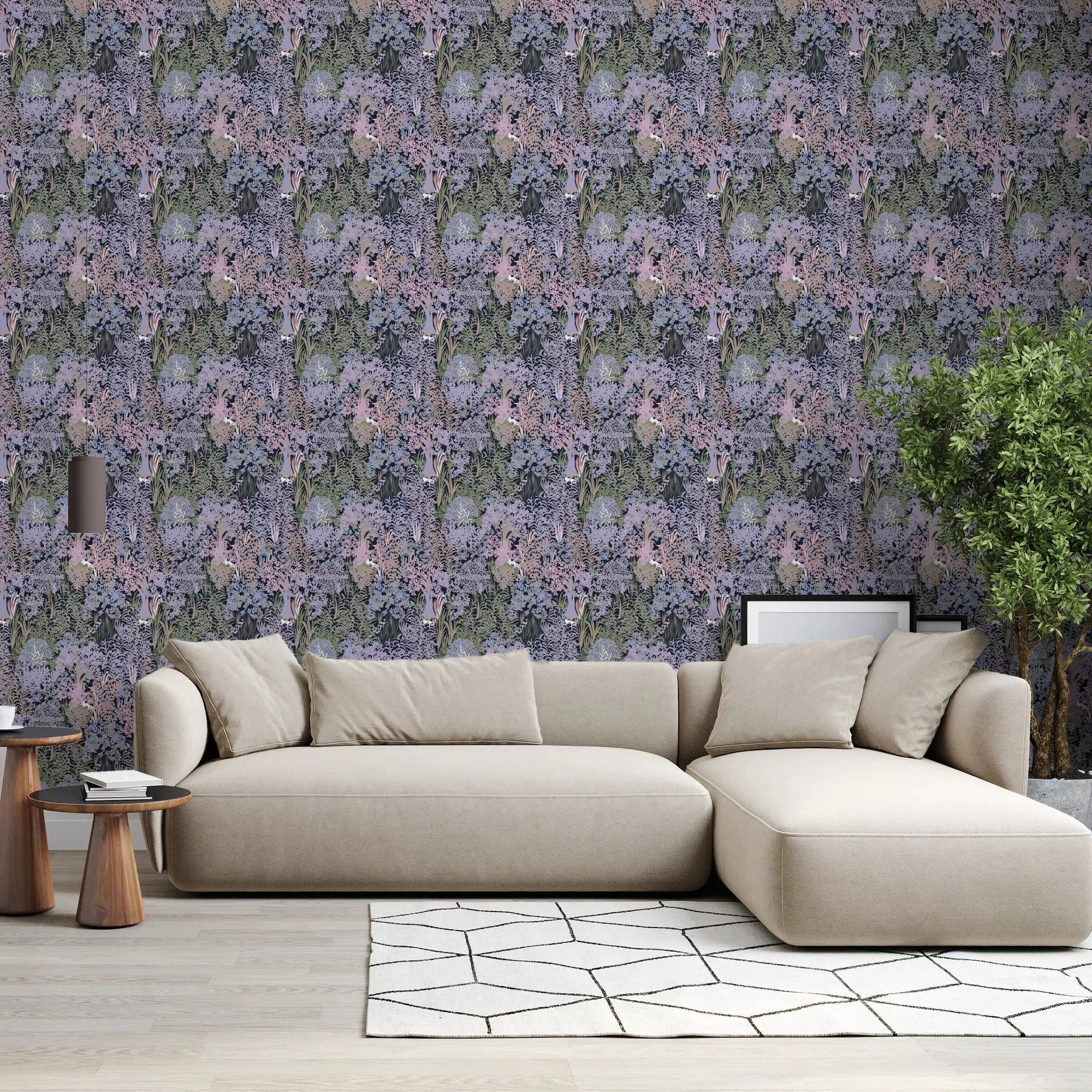 Secret Woodland Meadow wallpaper deepens a living room with dusk blooms GD10723