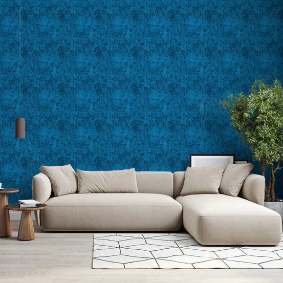 Midnight blue forest wallpaper deepens a calm living room GD10725