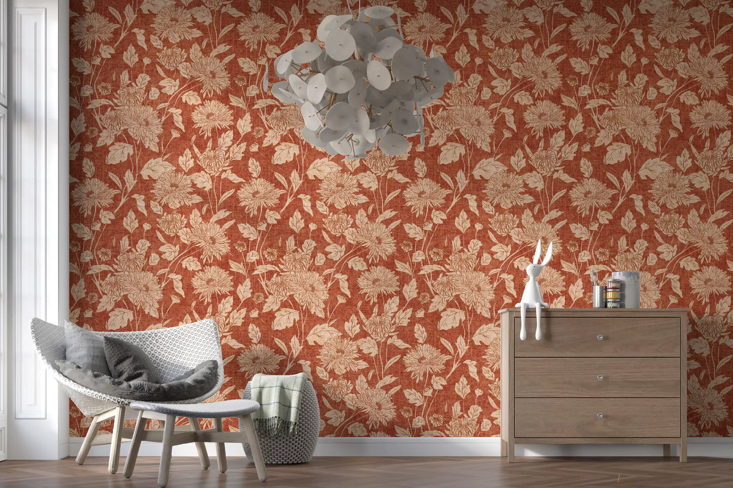 Terracotta Chrysanthemum Vintage Floral Wallpaper Wallpaper⁠