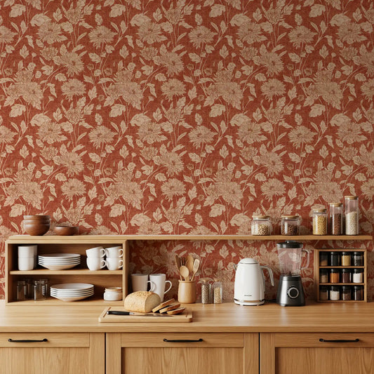 A Kitchen  glows behind vintage floral wallpaper in rust tones GD10728
