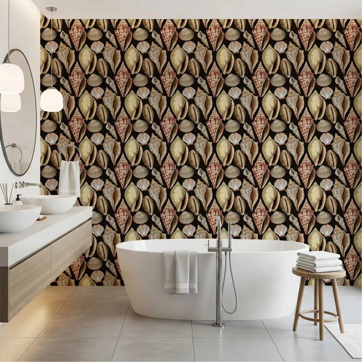 Bathroom feature in a moody vintage seashells wallpaper on dark ground GD10729
