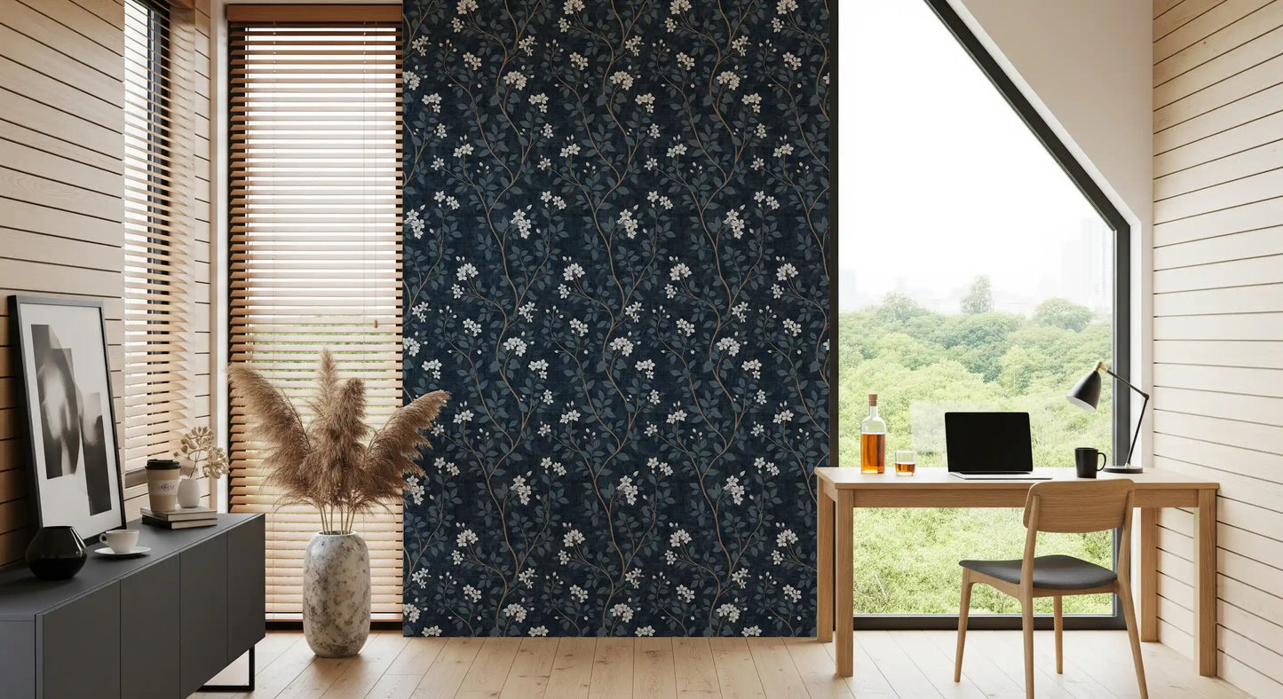 Elegant White Blooms on Indigo Linen Wallpaper⁠