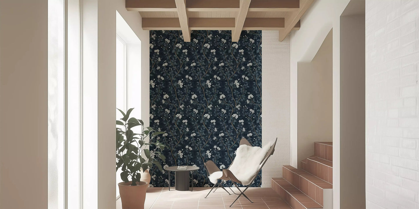 Elegant White Blooms on Indigo Linen Wallpaper⁠