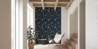 Elegant White Blooms on Indigo Linen Wallpaper⁠