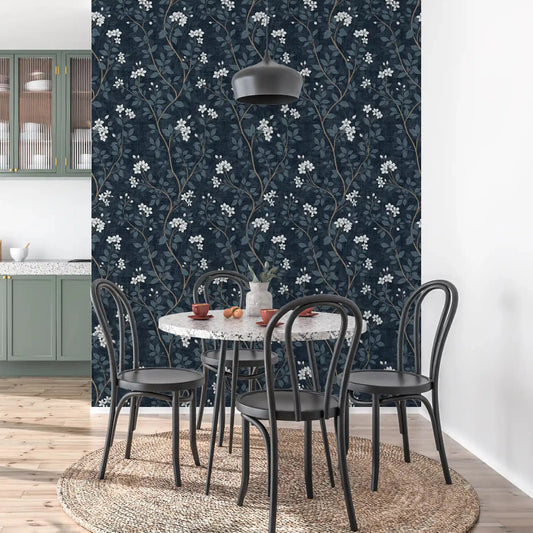 Indigo linen floral wallpaper calms a bathroom with pale blossom sprays GD10732

