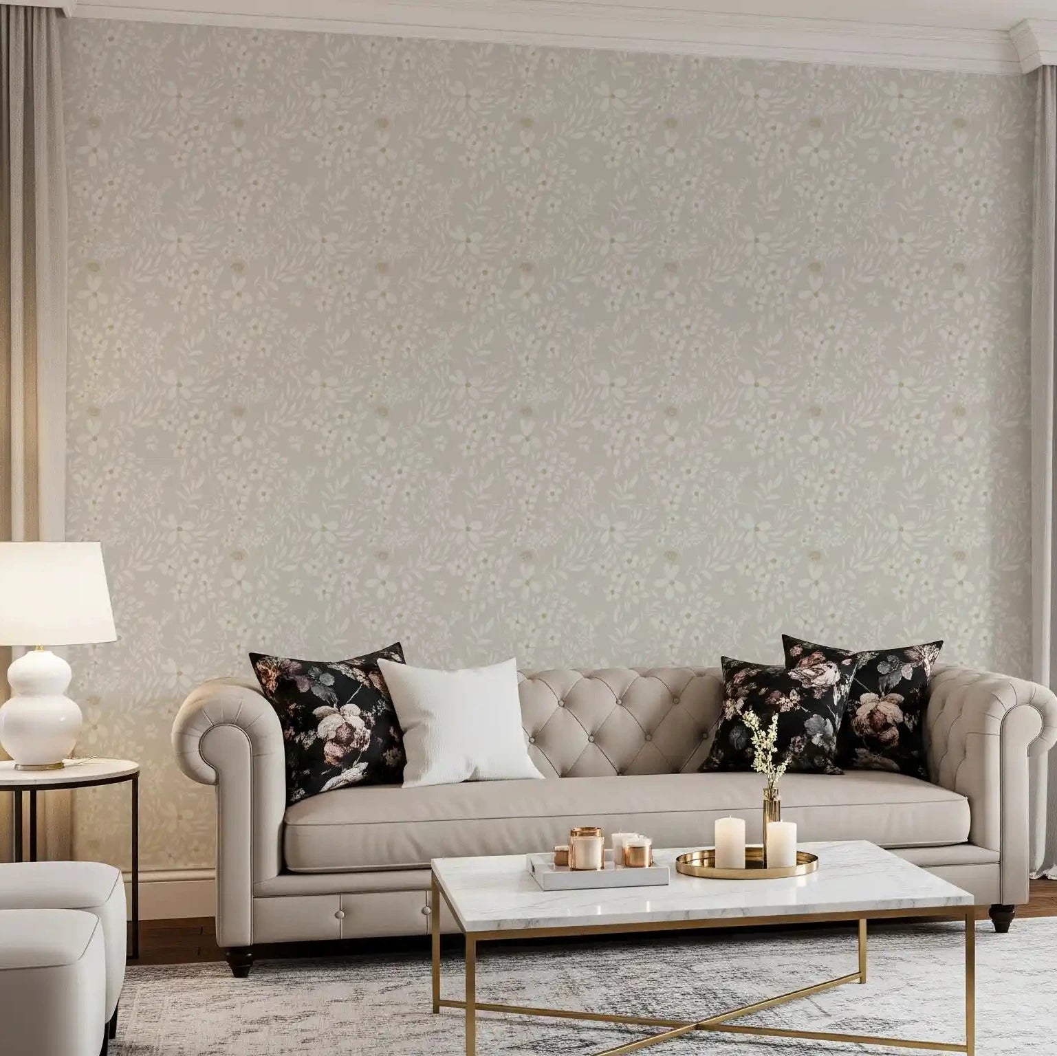 Delicate meadow wallpaper calms a living room with white blooms and sprigs GD10733
