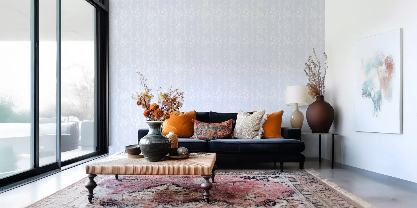 Whispering Meadow Pastel Blue Floral Stripe Wallpaper⁠