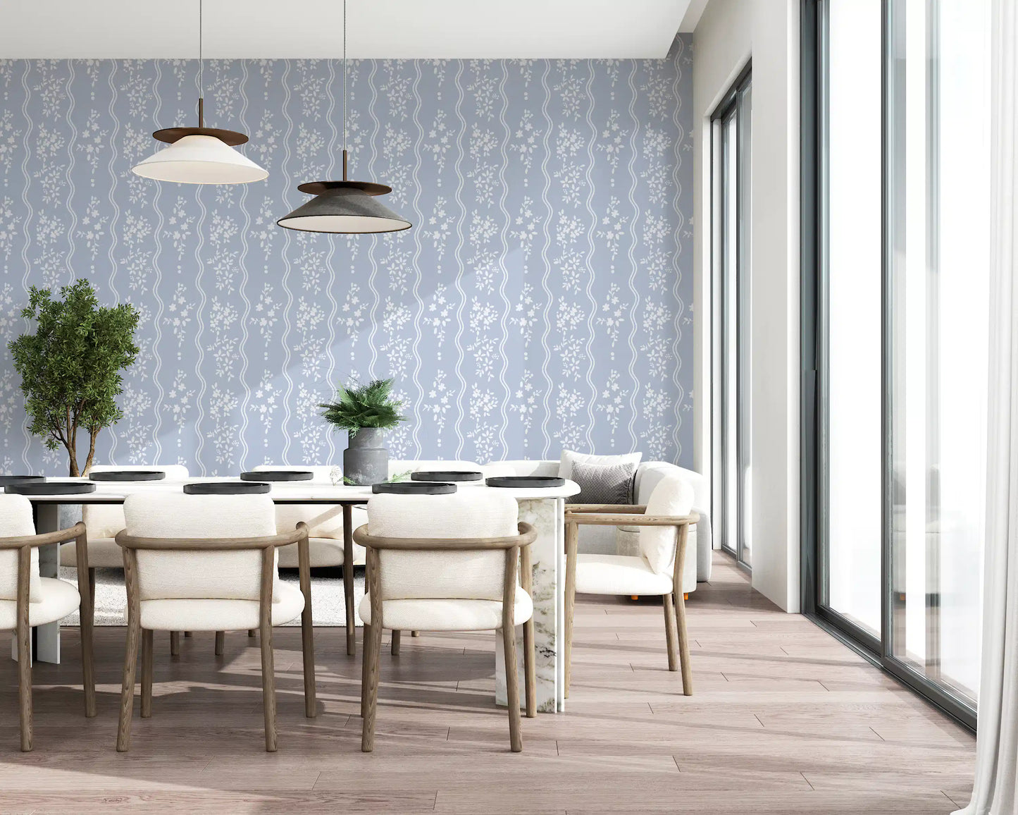 Soft Blue Dainty Floral and Wavy Stripe Wallpaper Wallpaper⁠