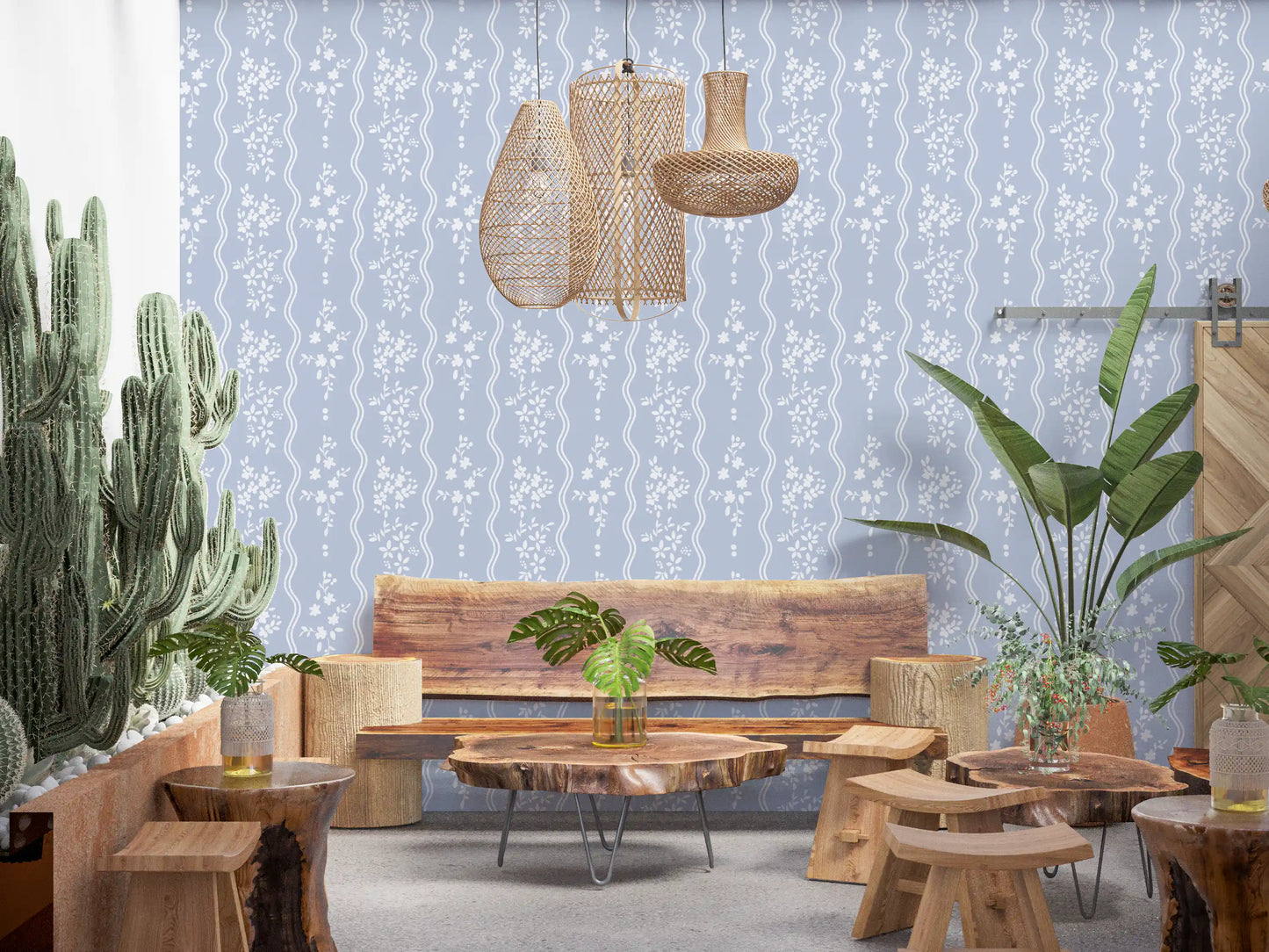 Soft Blue Dainty Floral and Wavy Stripe Wallpaper Wallpaper⁠
