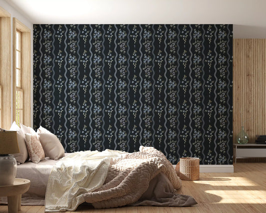Midnight Meadow Wavy Floral Wallpaper Wallpaper⁠