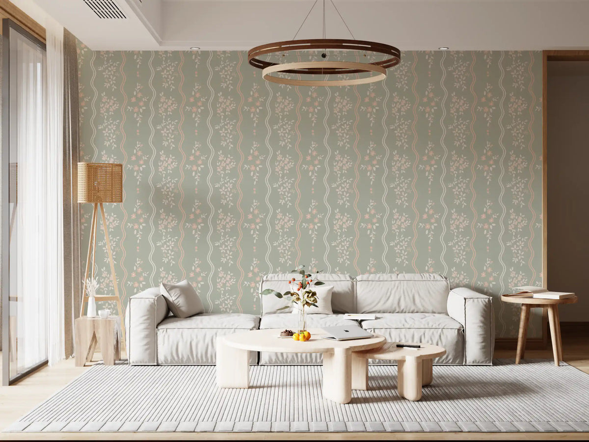 Sweet sage and blush cottage stripe wallpaper calms a living room GD10742
