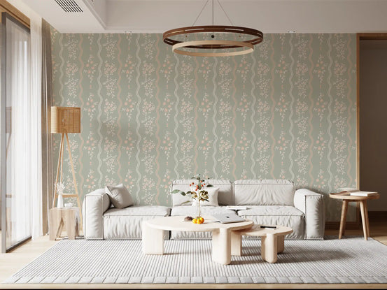 Sweet sage and blush cottage stripe wallpaper calms a living room GD10742
